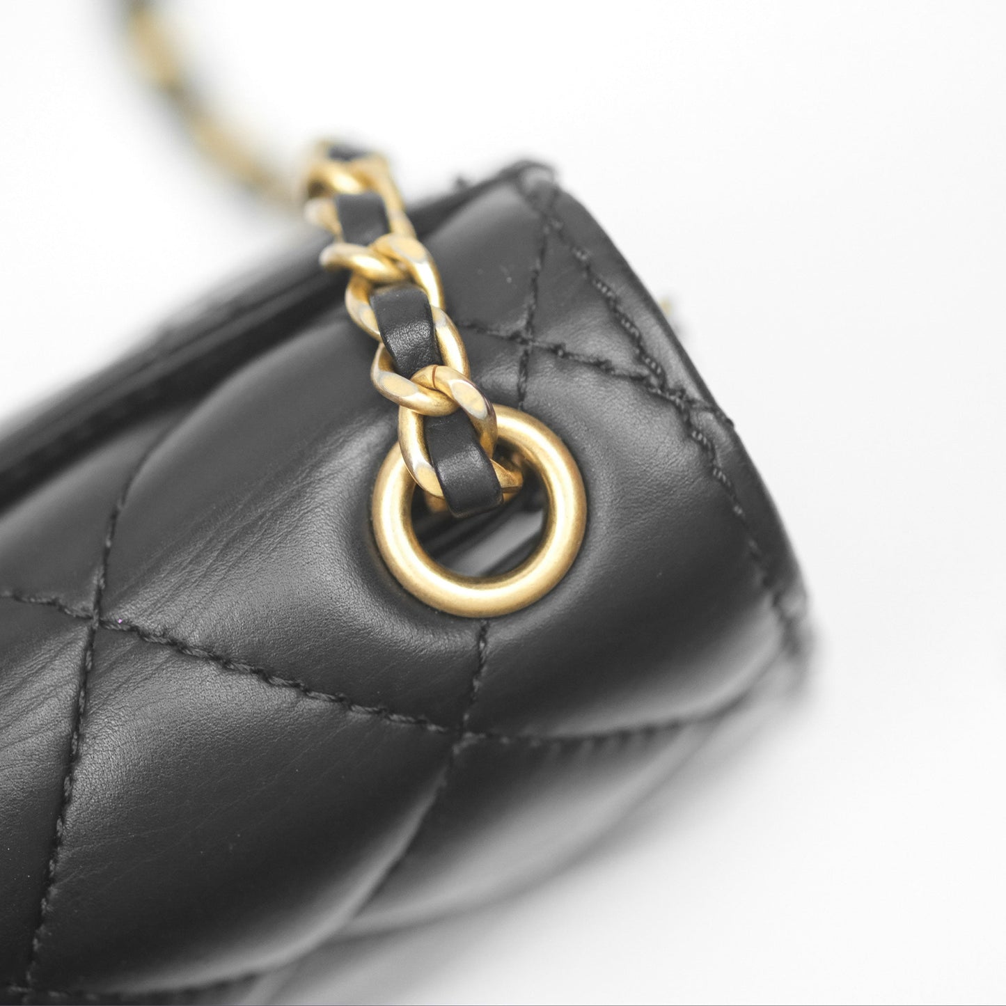 Chanel Quilted Side Chain Flap Bag Black Calfskin Aged Gold Hardware