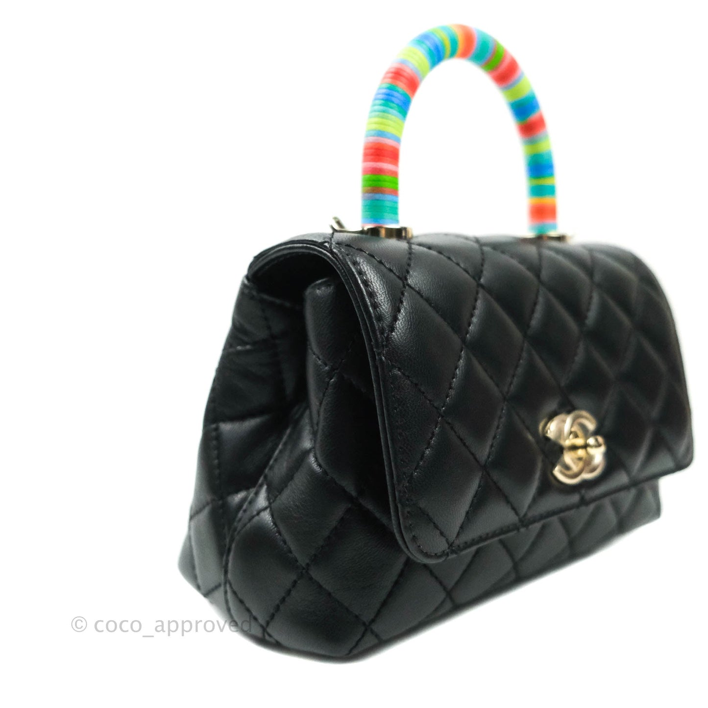 Chanel Quilted Extra Mini Rainbow Coco Handle Bag Lambskin Black Gold Hardware