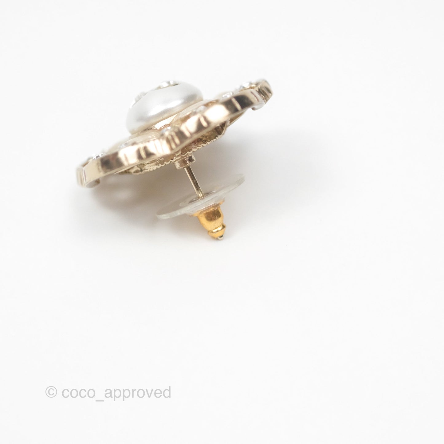 Chanel Crystal Pearl CC Flower Earrings Gold Tone 21B