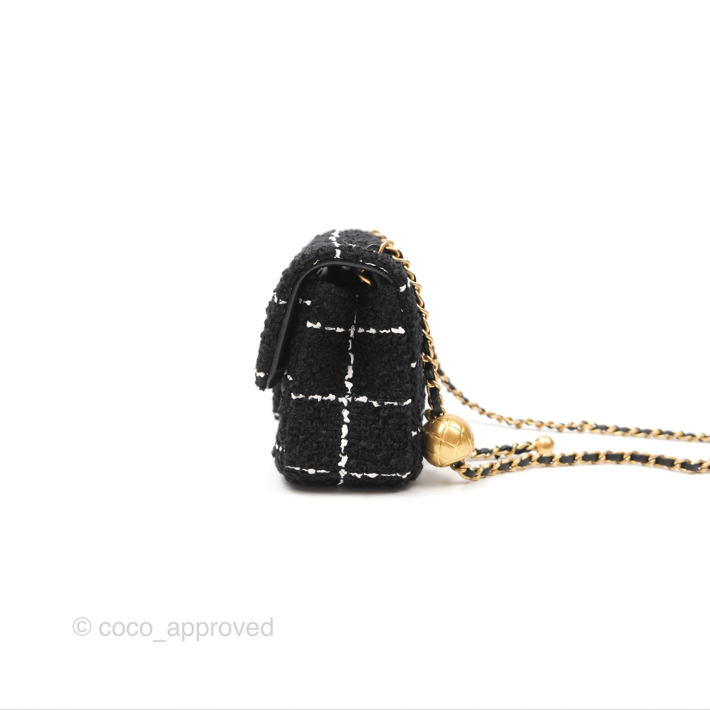Chanel Mini Rectangular Pearl Crush Tweed Black White Grid Aged Gold Hardware