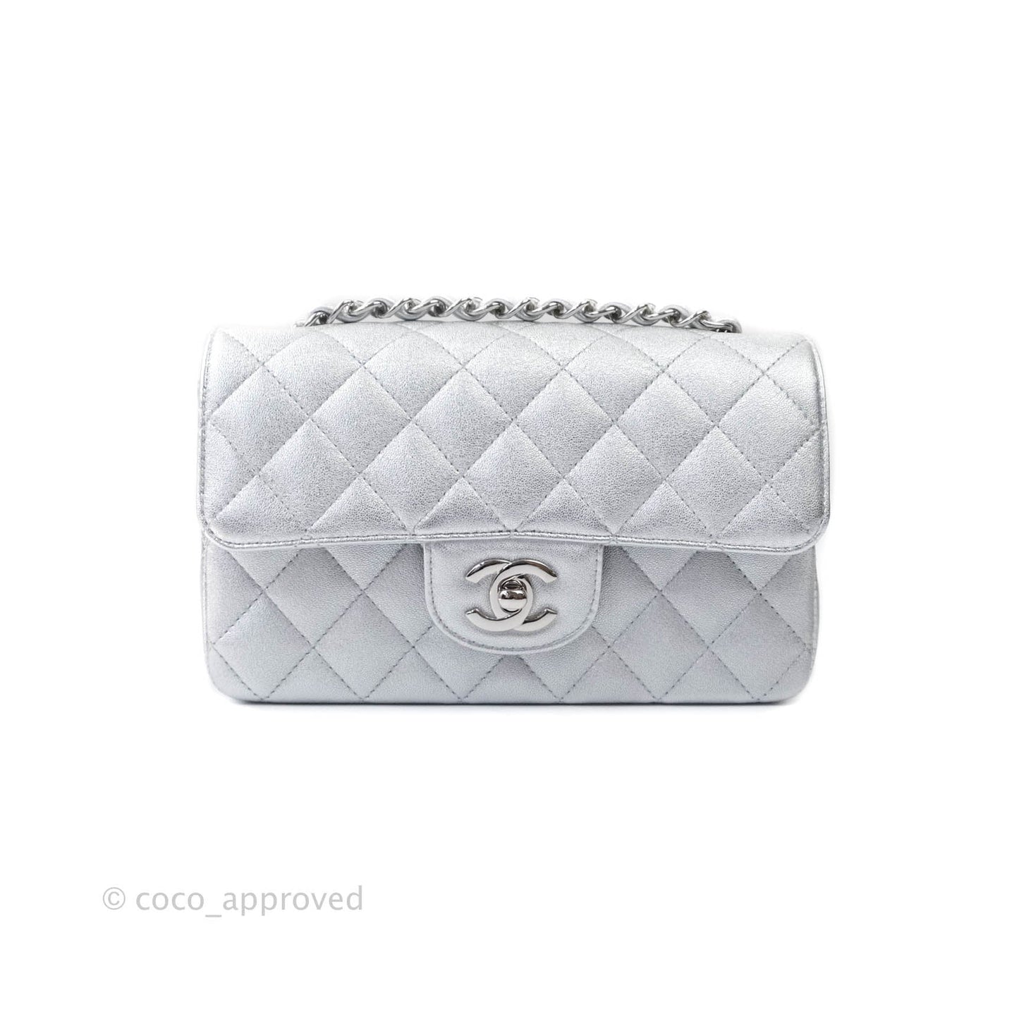 Chanel Quilted Mini Rectangular Flap Metallic Silver Lambskin Silver Hardware