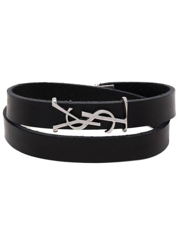 Luxury Saint Laurent Silver Logo Leather Bracelet Black