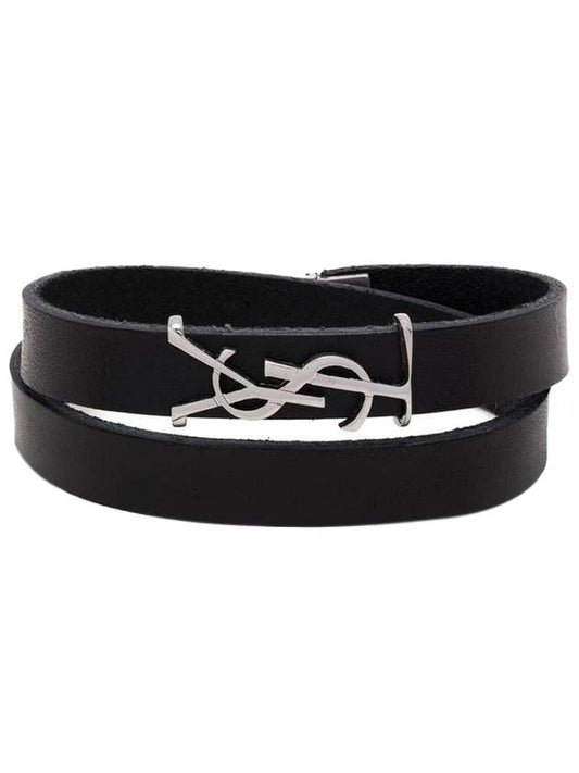 Luxury Saint Laurent Silver Logo Leather Bracelet Black