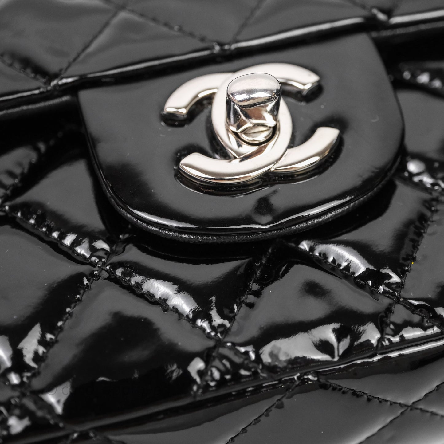 Chanel Medium Classic Flap Quilted Black Patent Silver Hardware