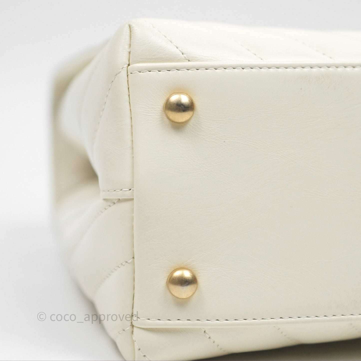 Chanel Medium Coco Handle Chevron Aged Calfskin Ivory Aged Gold Hardware Beige Lizard Handle
