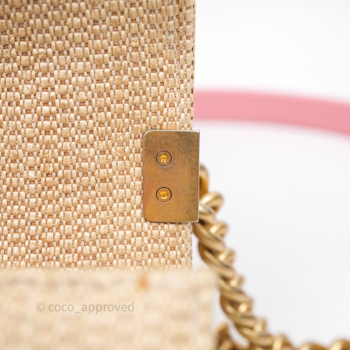 Chanel Small Boy Chevron Raffia Metallic Pink Aged Gold Hardware