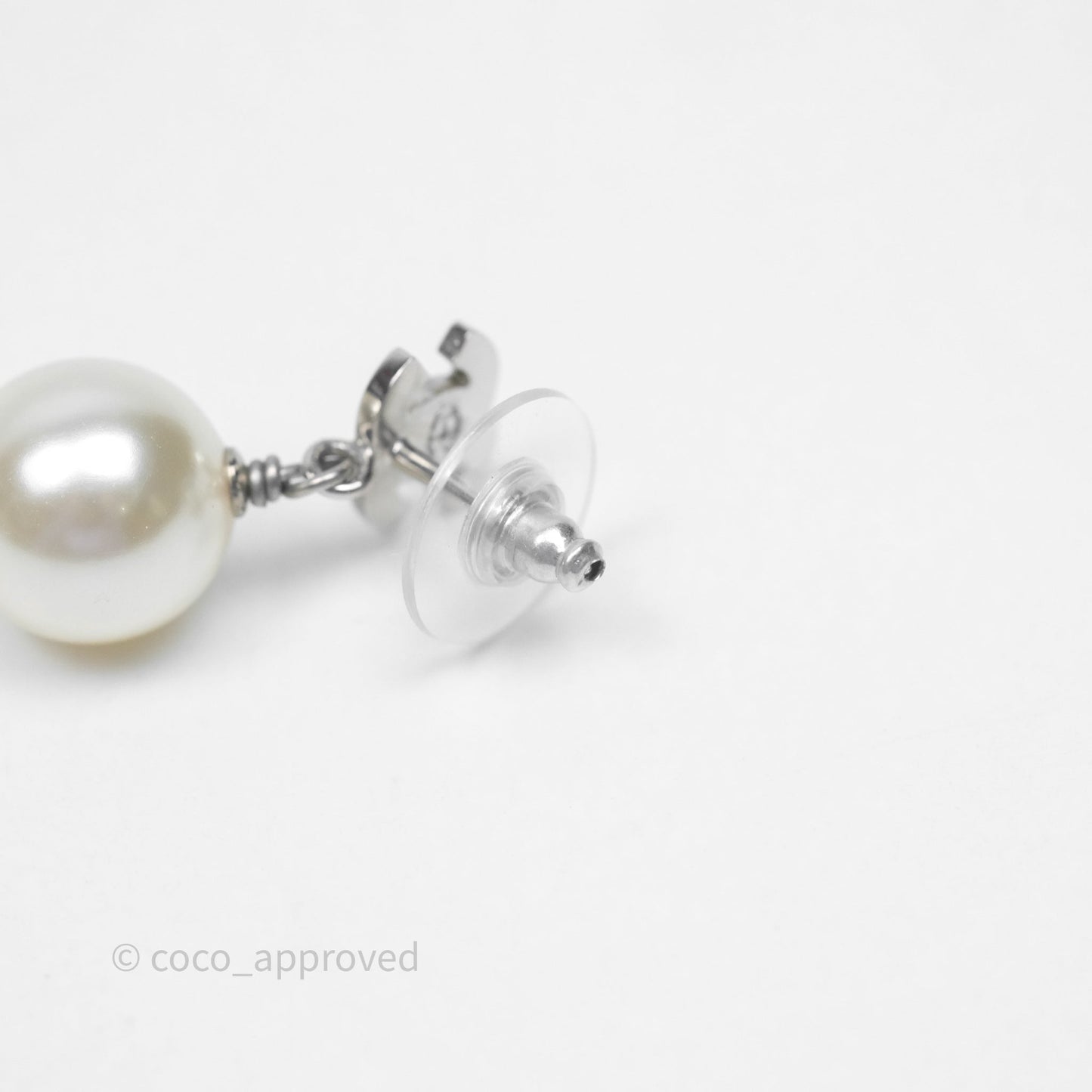 Chanel CC Crystal Pearl Drop Earrings Silver Tone 19V