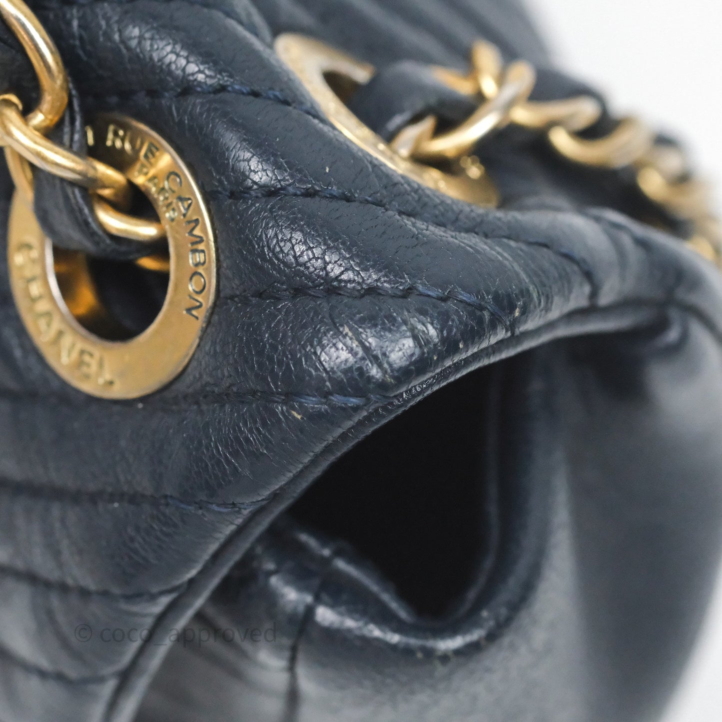 Chanel Medium Chevron Surpique Flap Navy Calfskin Aged Gold Hardware