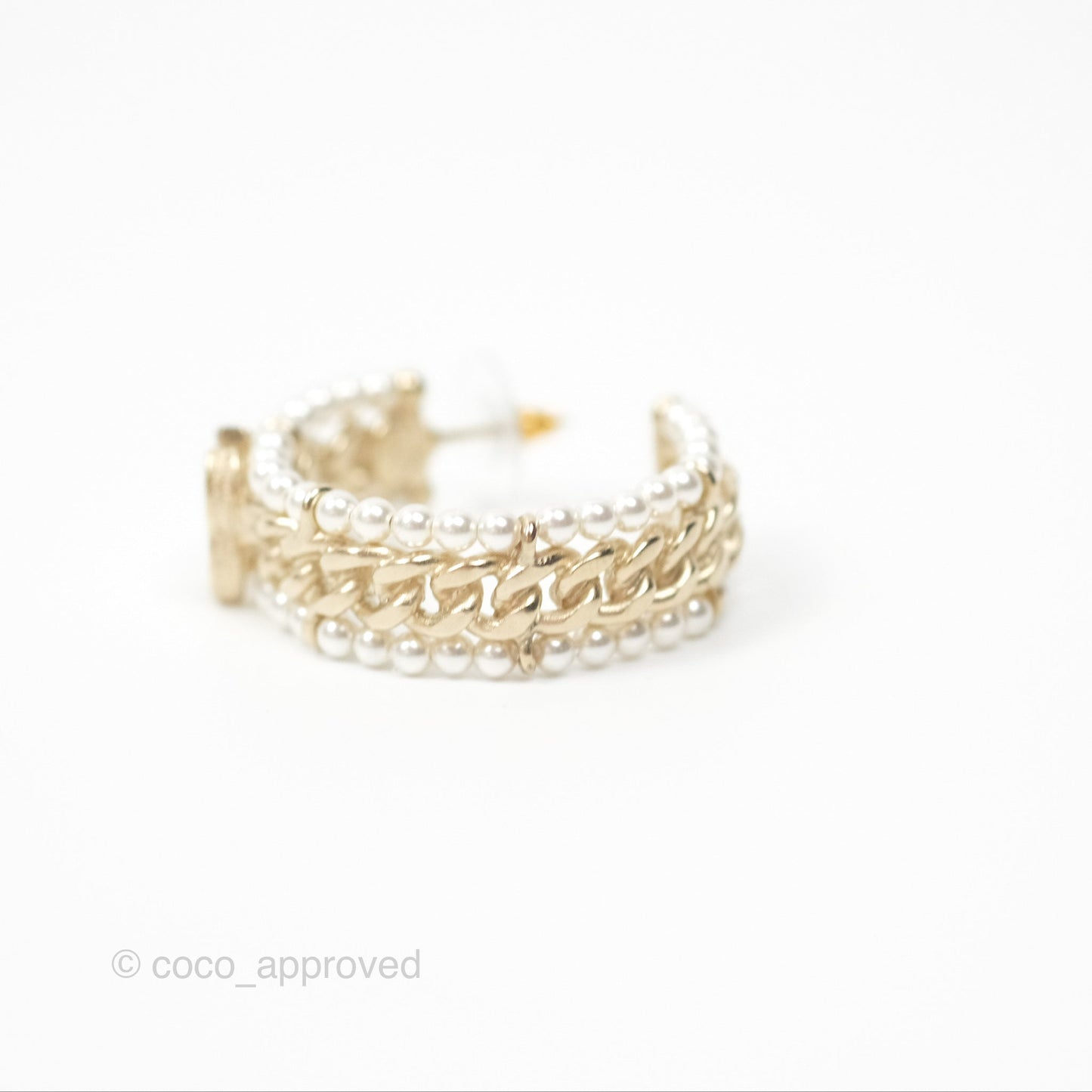 Chanel CC Pearl Hoop Earrings Gold Tone 20C