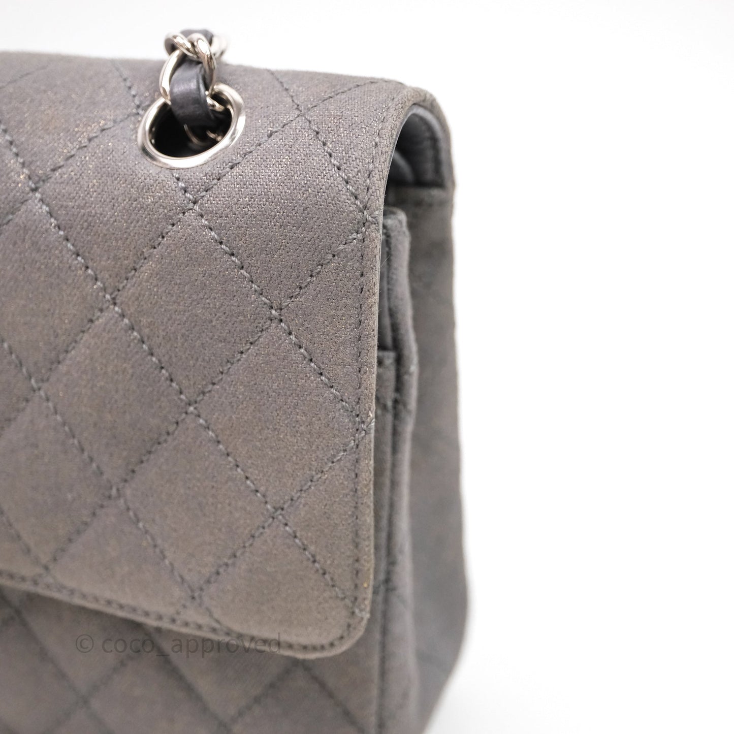 Chanel Classic M/L Medium Flap Quilted Iridescent Metallic Grey Canvas Silver Hardware