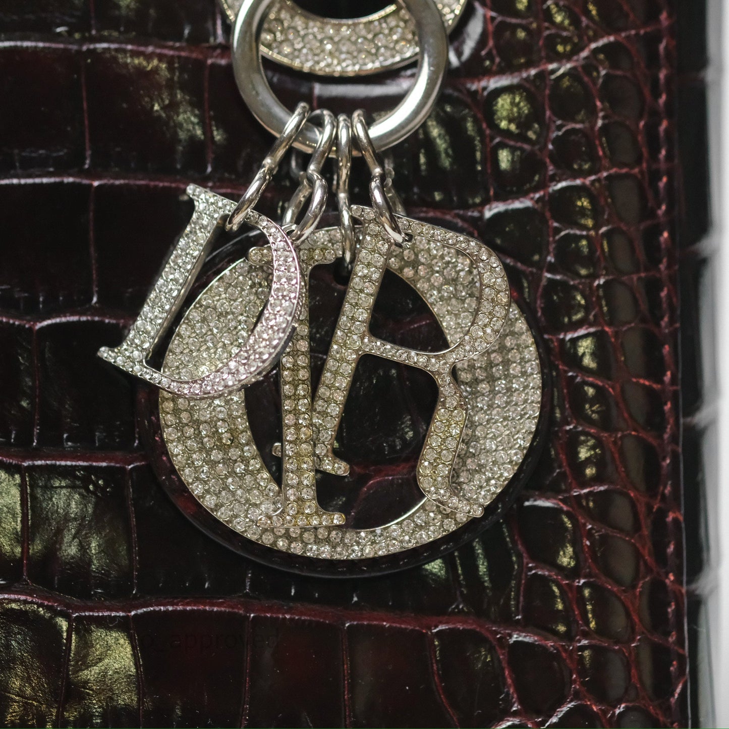 Christian Dior Small Lady Dior Shiny Crocodile Burgundy Diamond Hardware