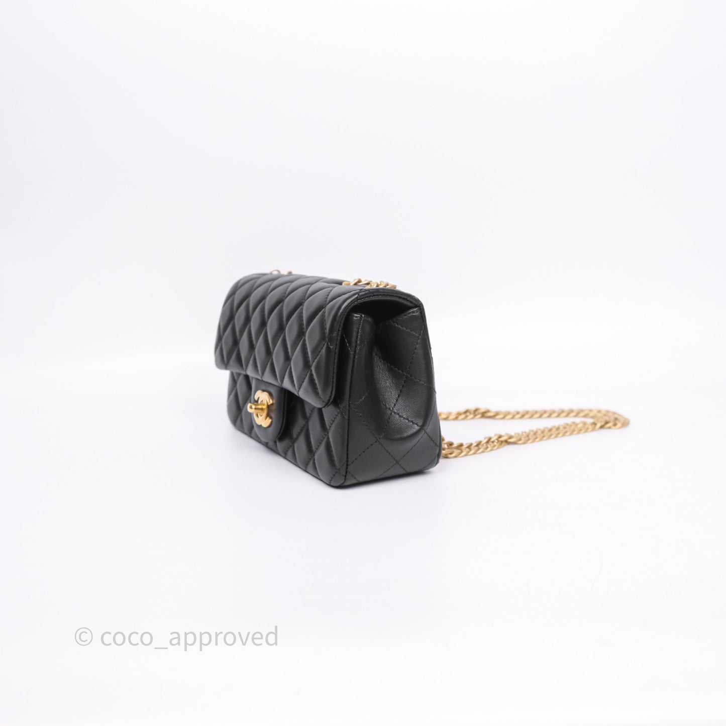 Chanel Mini Rectangular Flap with Camellia Adjustable Chain Black Lambskin Aged Gold Hardware