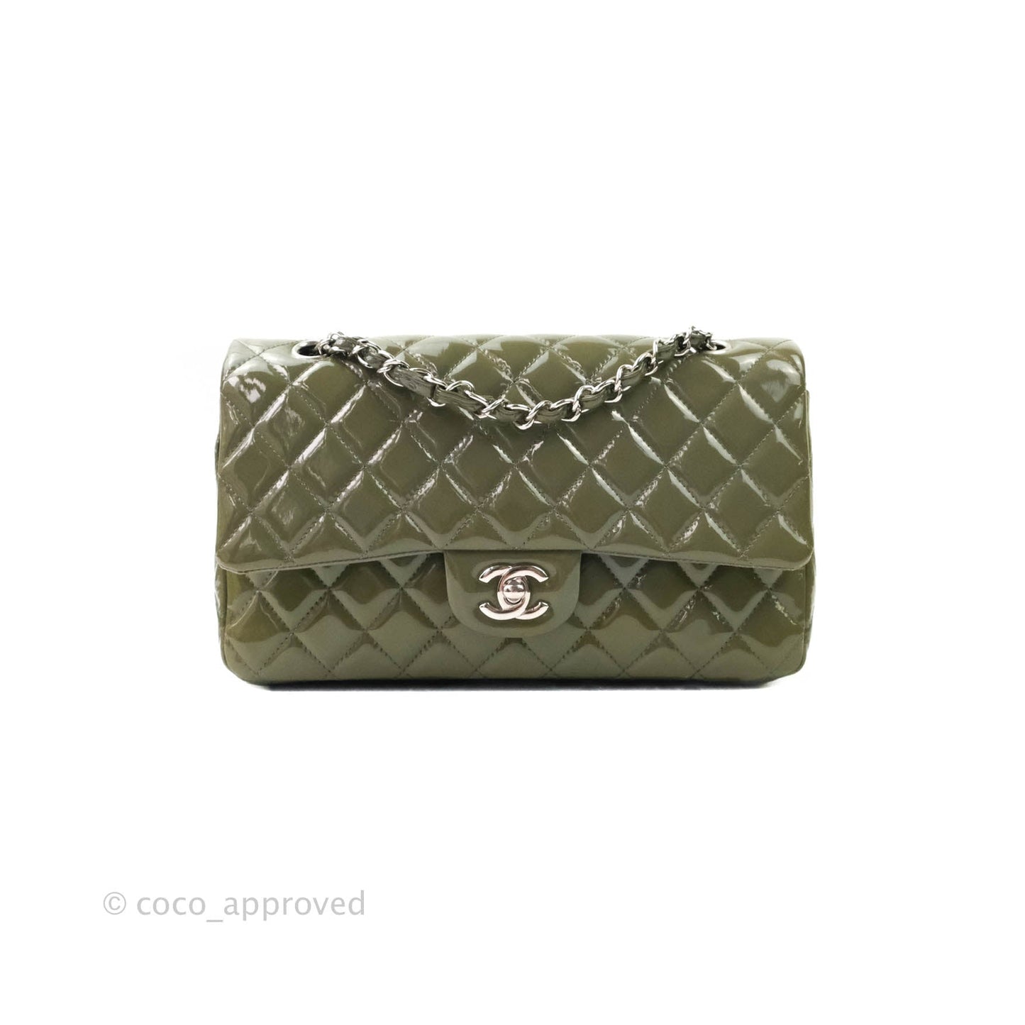 Chanel Classic M/L Medium Double Flap Olive Green Patent Silver Hardware