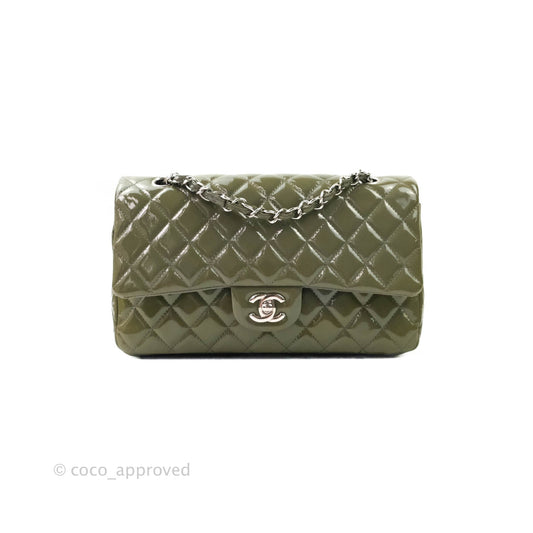 Chanel Classic M/L Medium Double Flap Olive Green Patent Silver Hardware