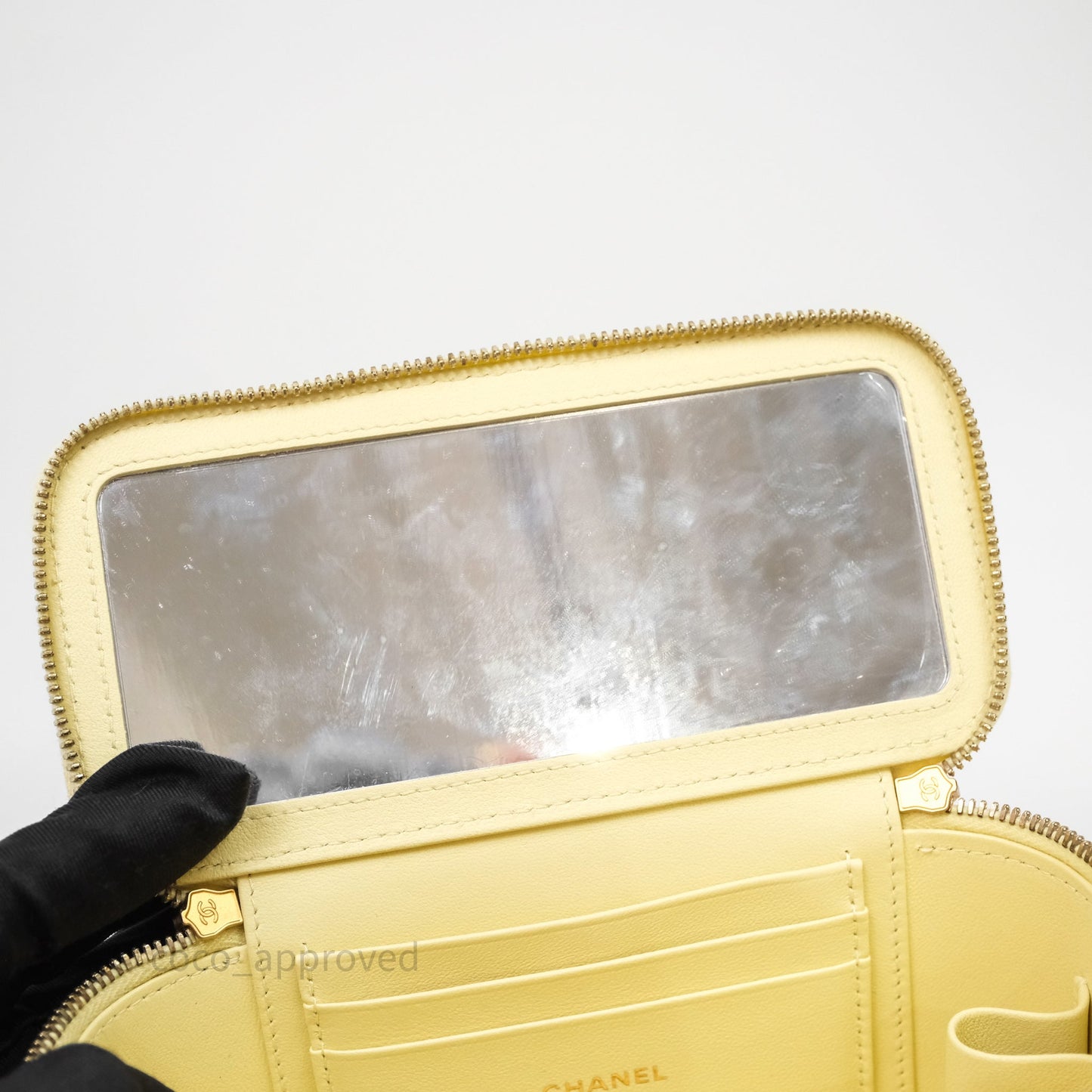 Chanel Quilted Vanity Rectangular with Camellia Adjustable Chain Yellow Lambskin