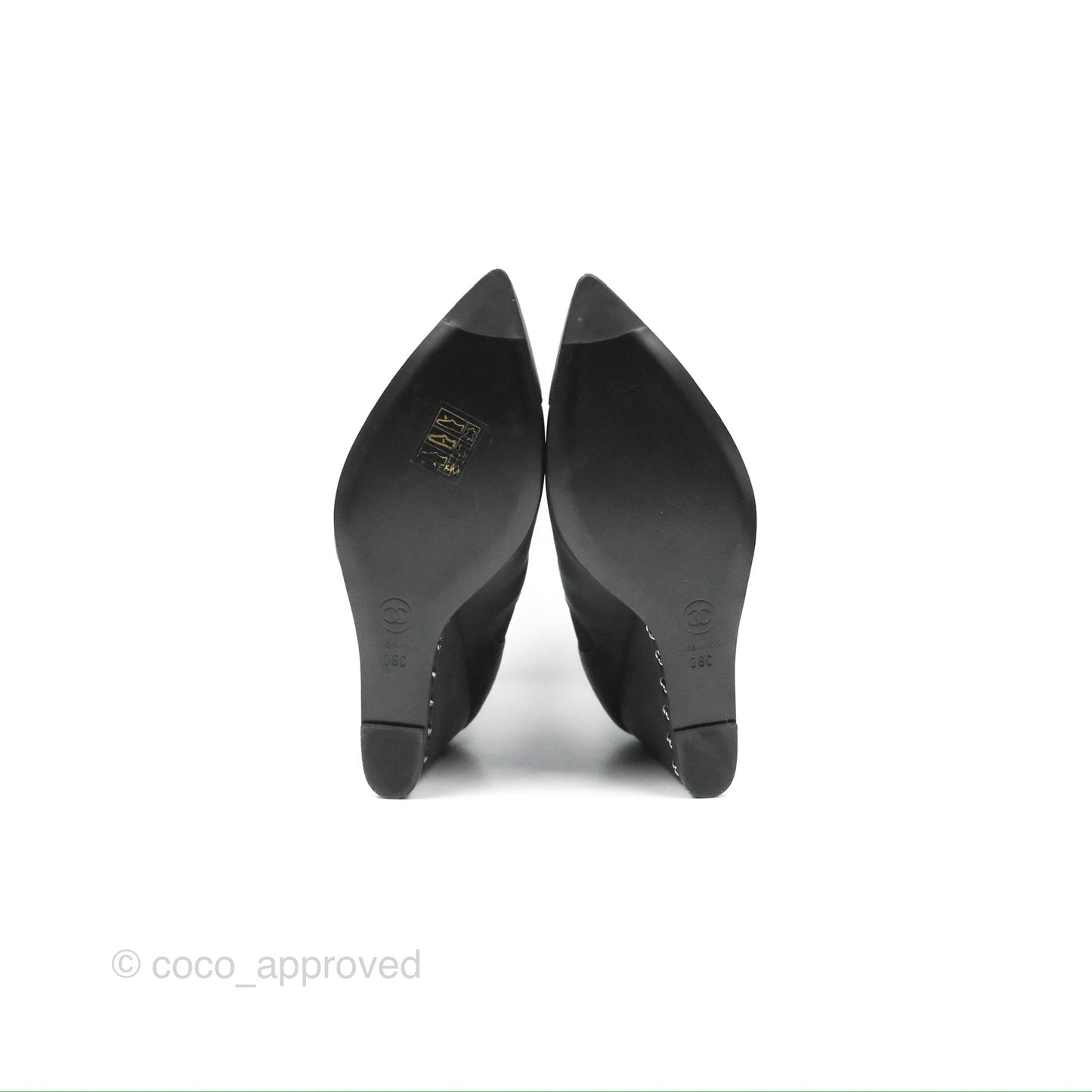 Chanel CC Pointy Toe Chain Wedge Ankle Boots Black