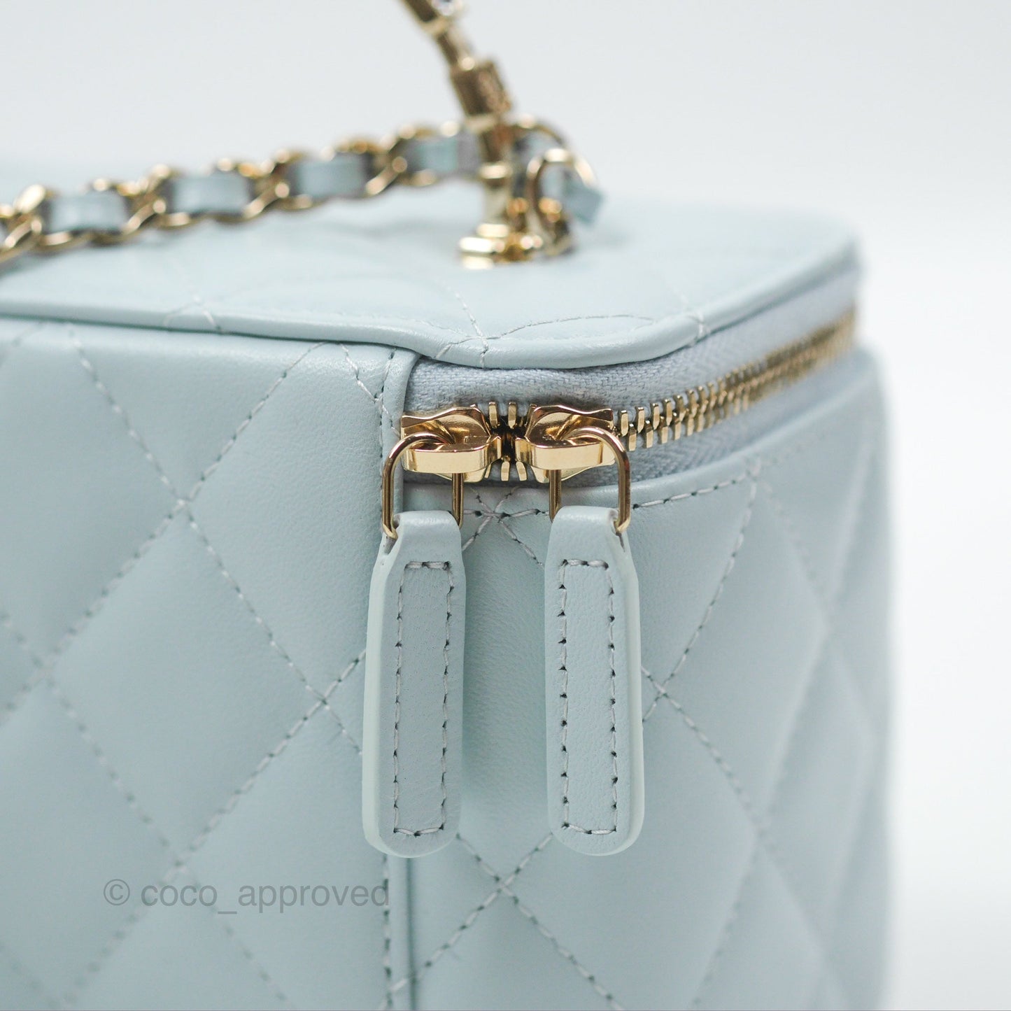 Chanel Vanity Rectangular Logo Crystal Top Handle Light Blue Lambskin Gold Hardware