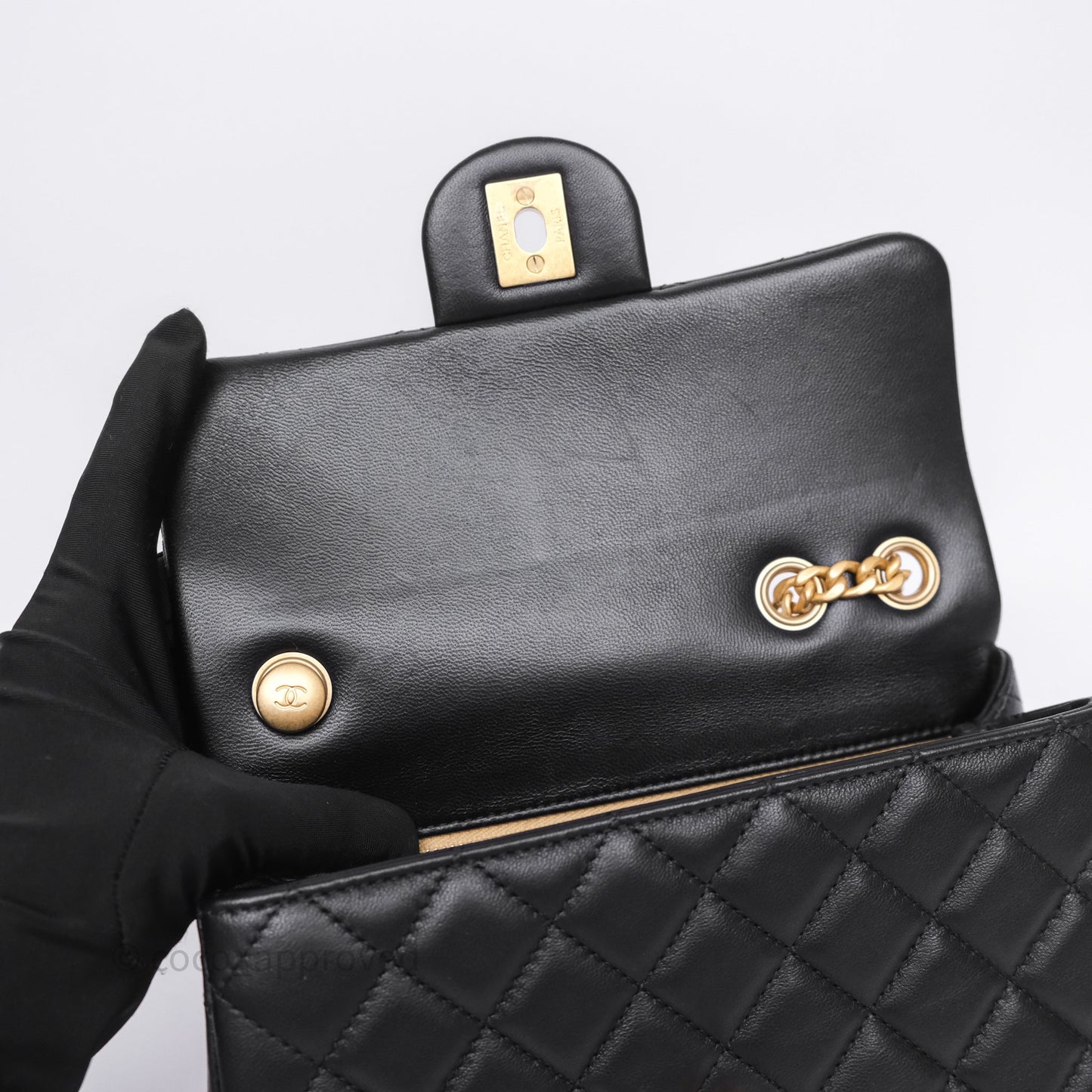 Chanel Mini Rectangular Flap with Camellia Adjustable Chain Black Lambskin Aged Gold Hardware