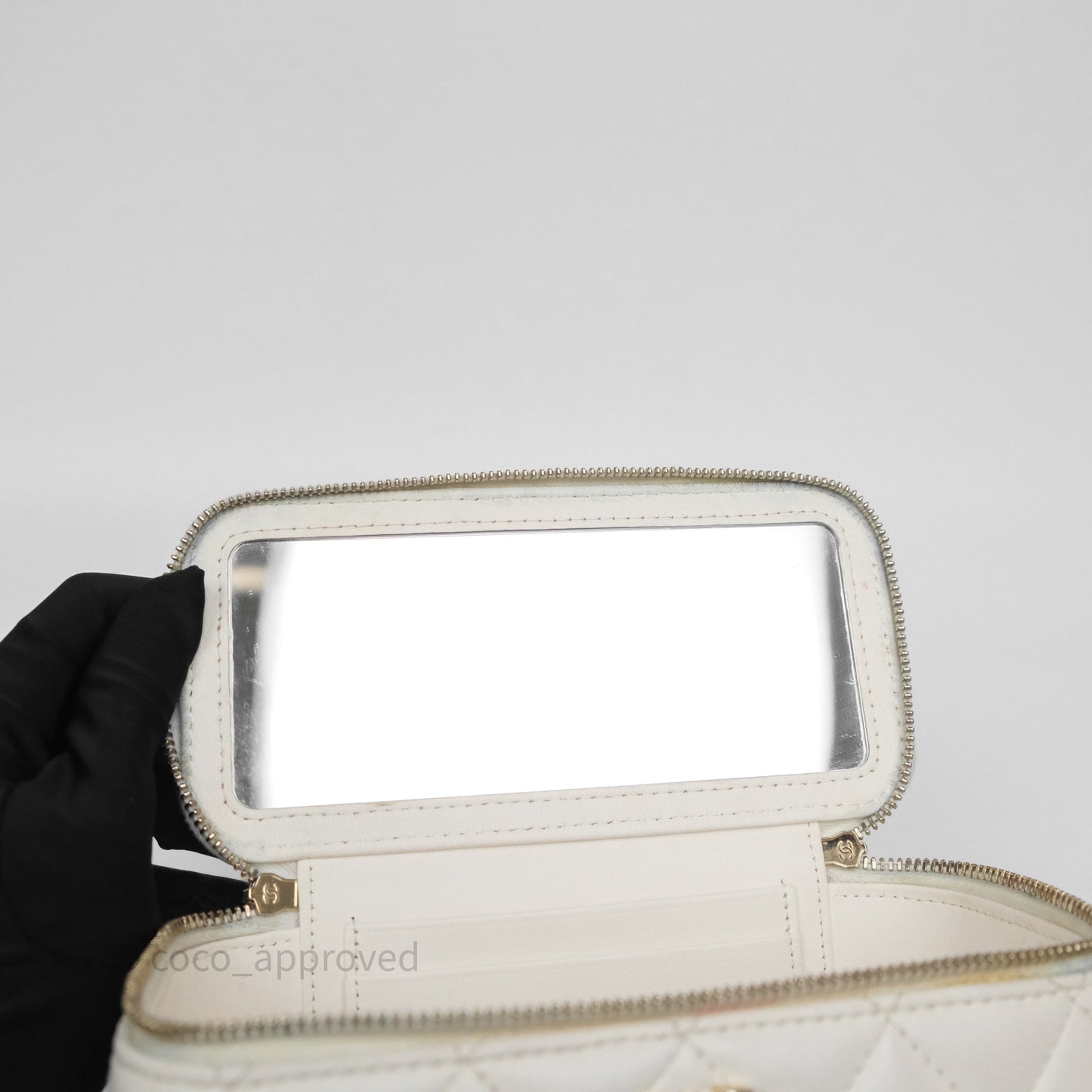 Chanel Logo Crystals Top Handle Vanity Rectangular White Lambskin Gold Hardware