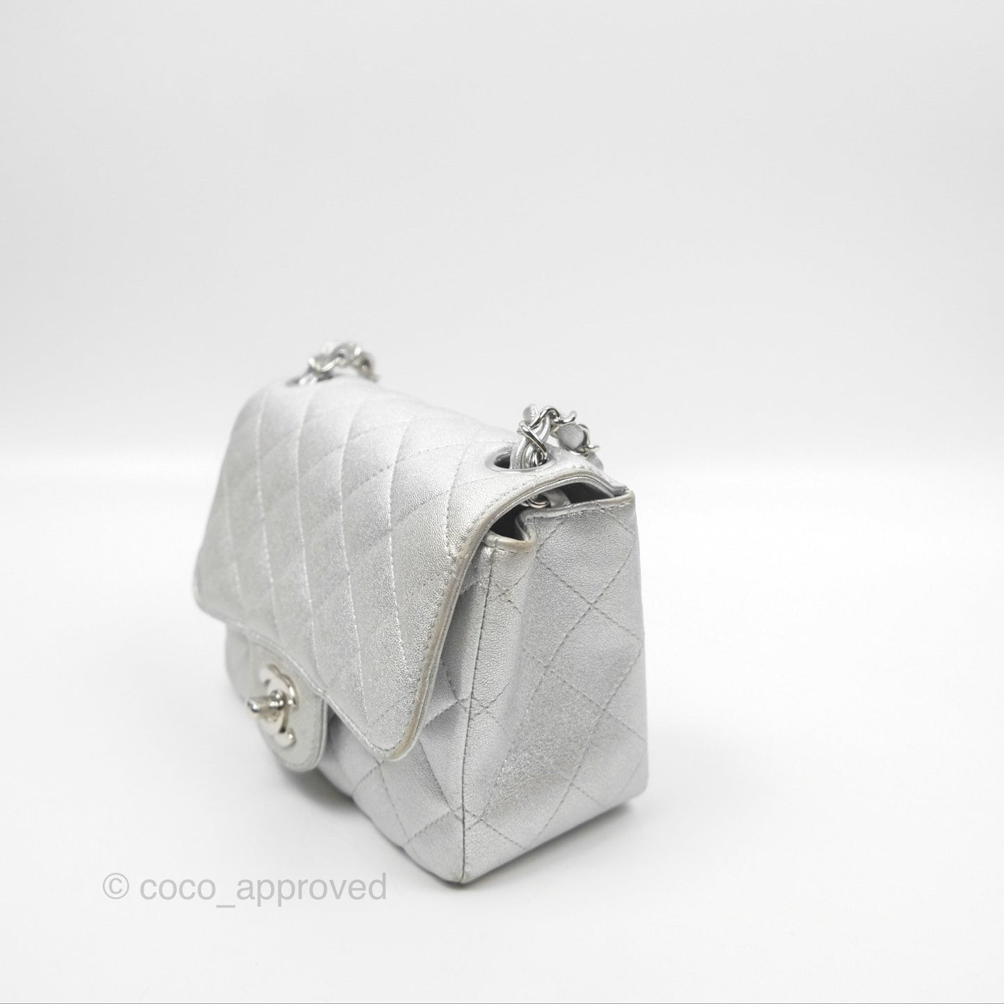 Chanel Classic Quilted Mini Square Flap Silver Lambskin Silver Hardware