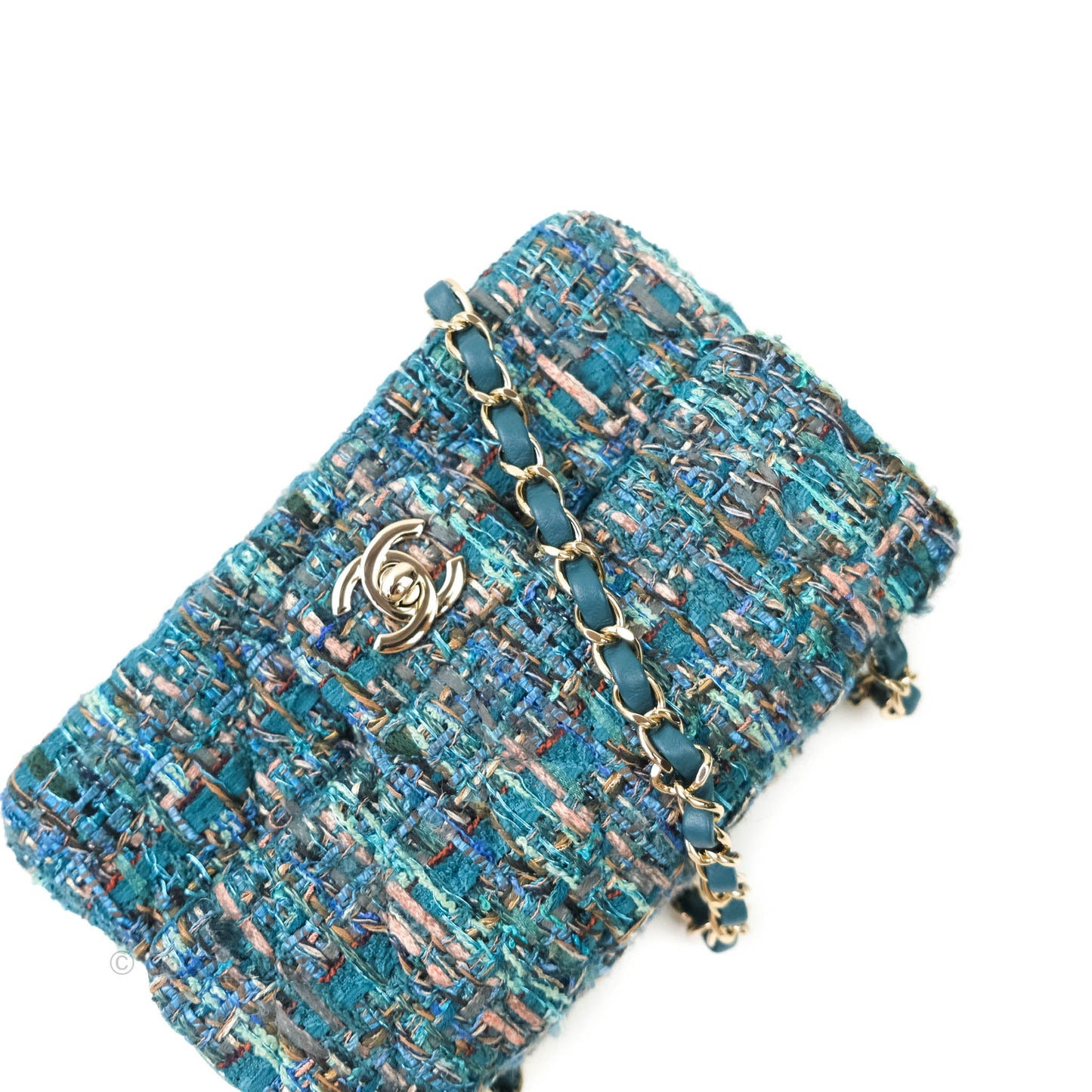 Chanel Quilted Mini Rectangular Turquoise Tweed Gold Hardware