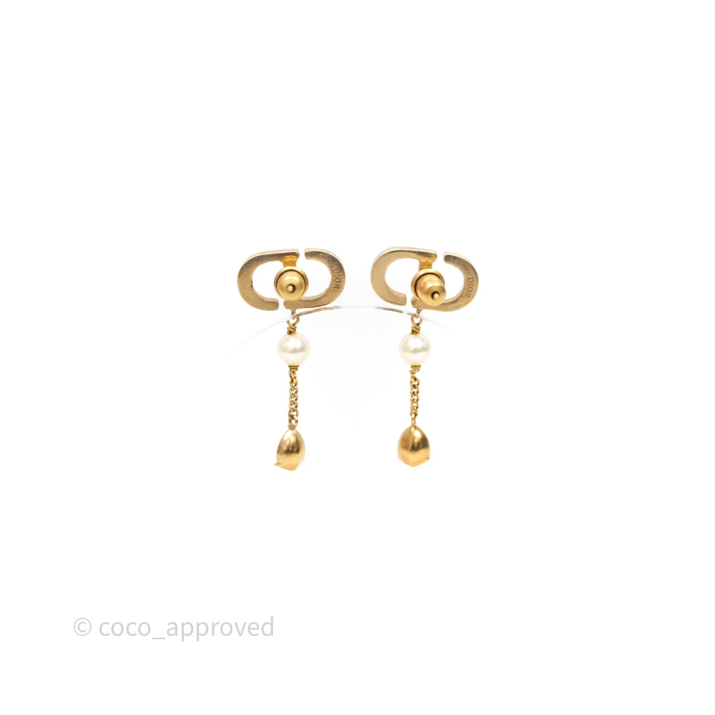 Christian Dior Pearl Crystal CD Drop Earrings Gold Tone