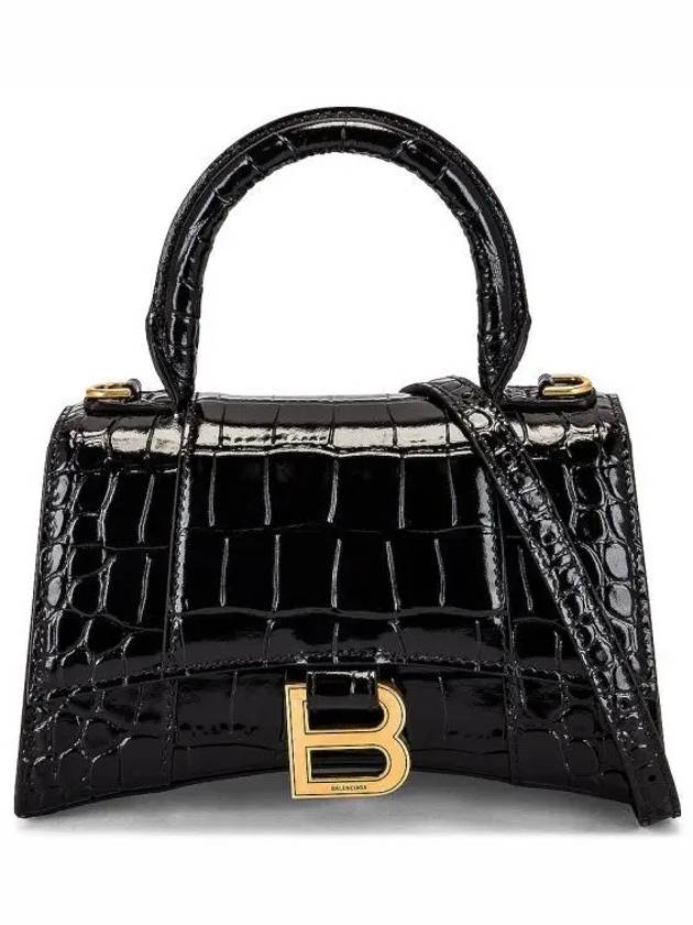 Luxury Balenciaga Hourglass Crocodile Embossed Leather XS Tote Bag Black