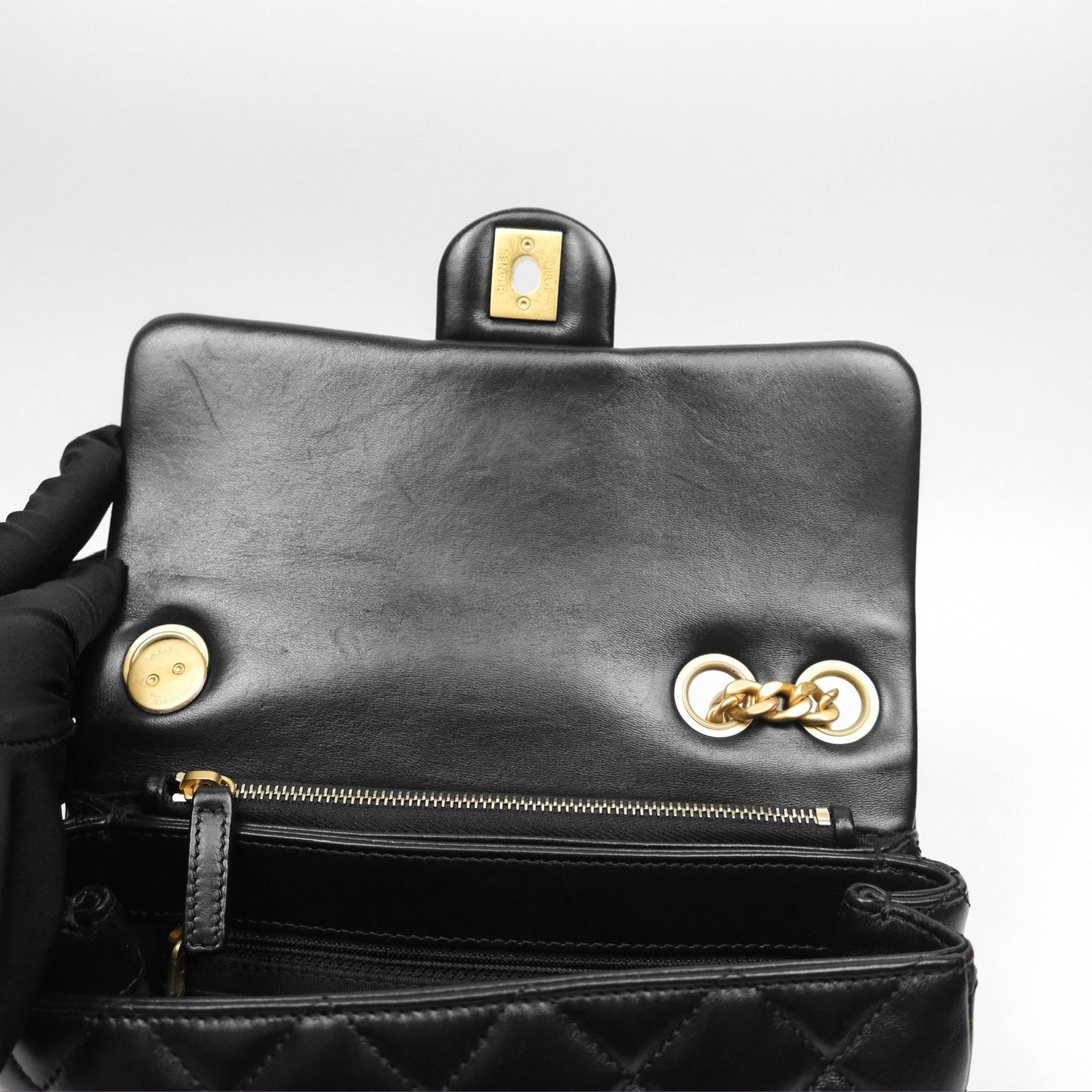 Chanel Small All Slide Adjustable Chain Flap Bag Black Lambskin Aged Gold Hardware 22K