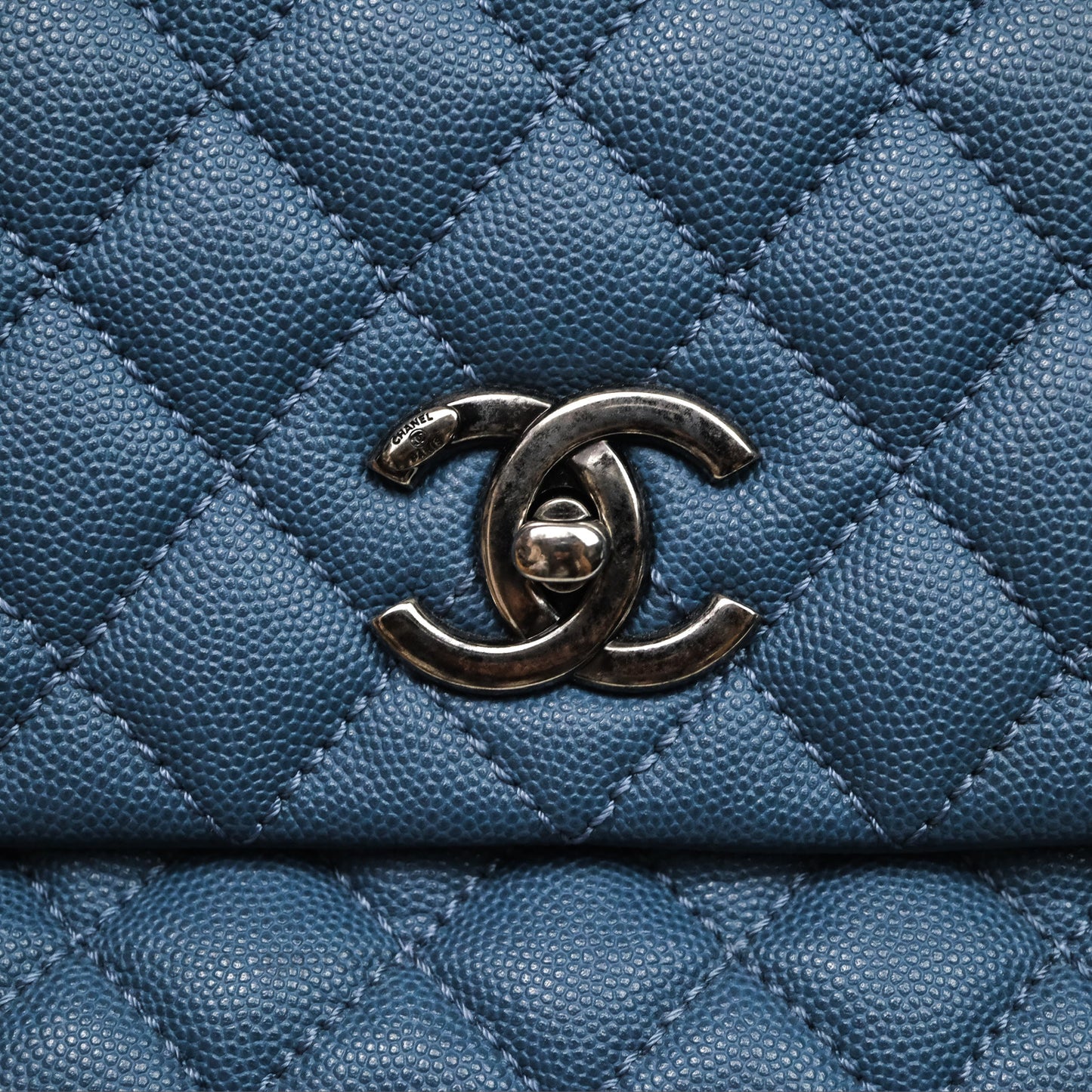Chanel Medium Coco Handle Quilted Aged Caviar Dark Blue Ruthenium Hardware