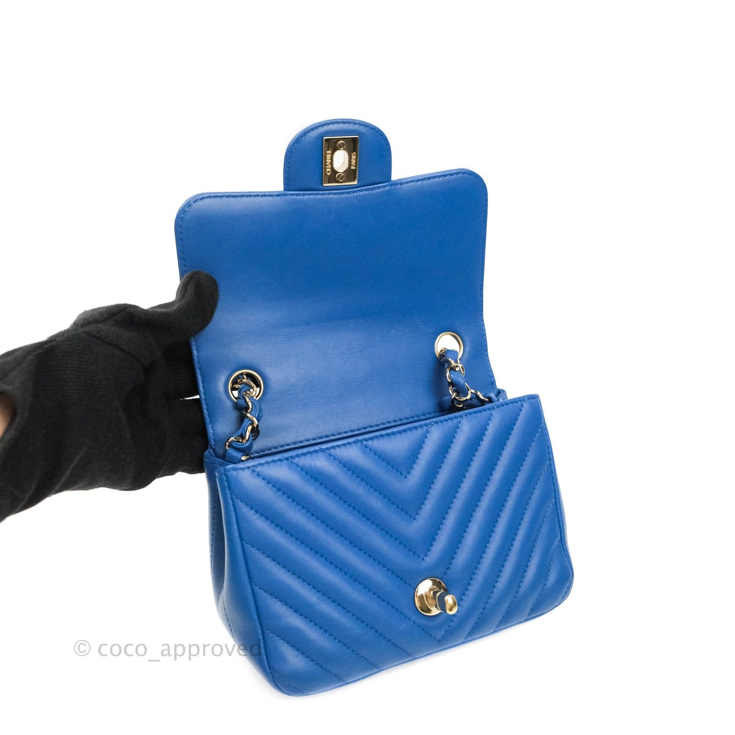 Chanel Mini Square Chevron Blue Lambskin Gold Hardware