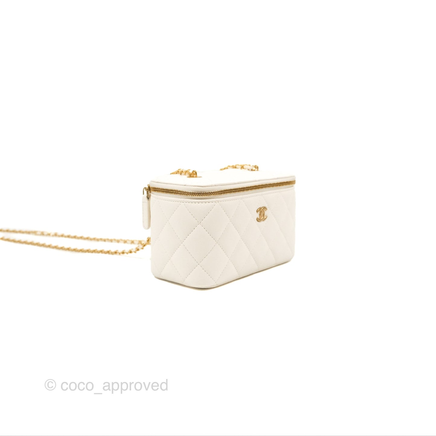Chanel Vanity with COCO Heart Chain White Lambskin Aged Gold Hardware