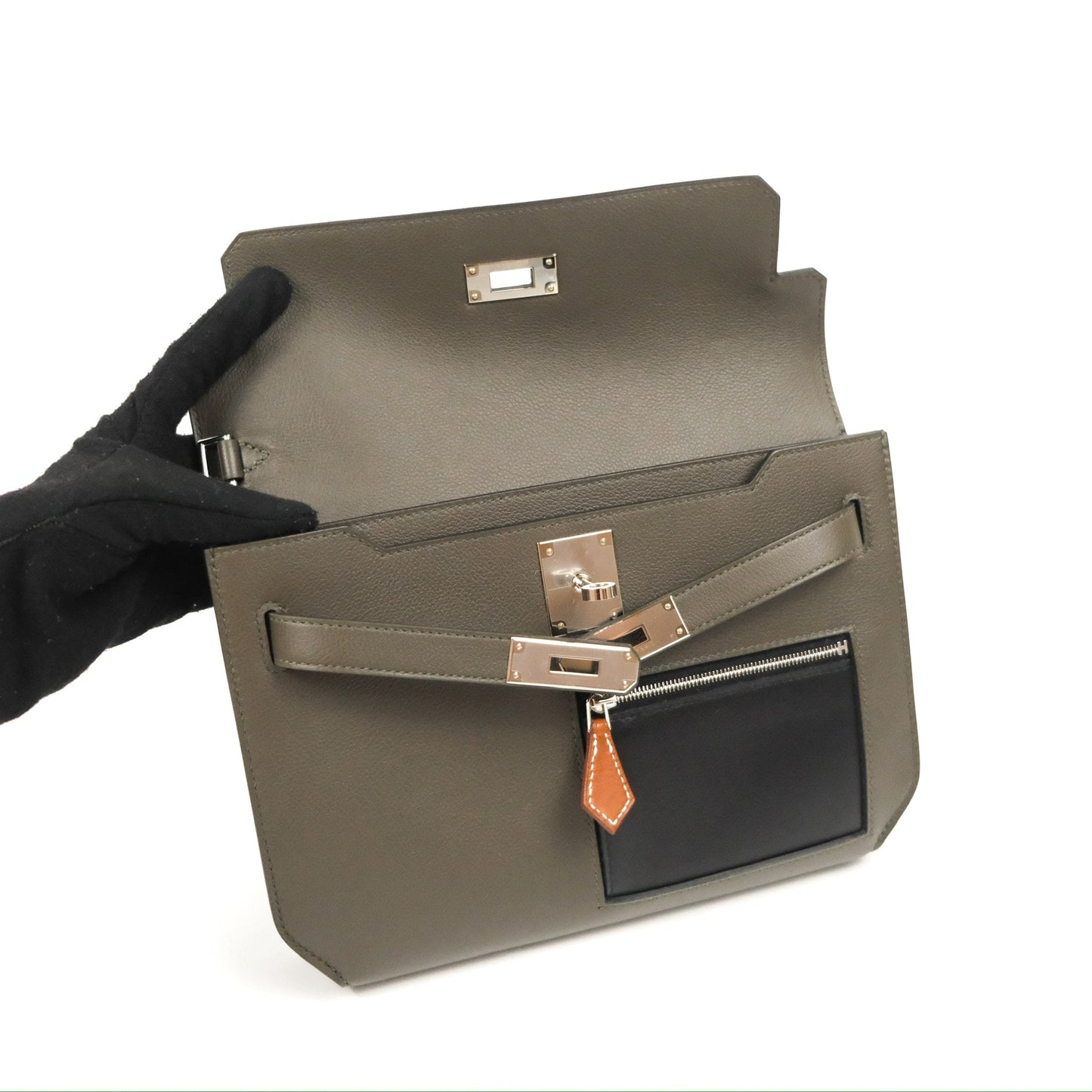Hermès Kelly Depeches 25 Pouch Vert-De-Gris / Noir / Fauve Evercolor Evergrain & Barenia Calfskin