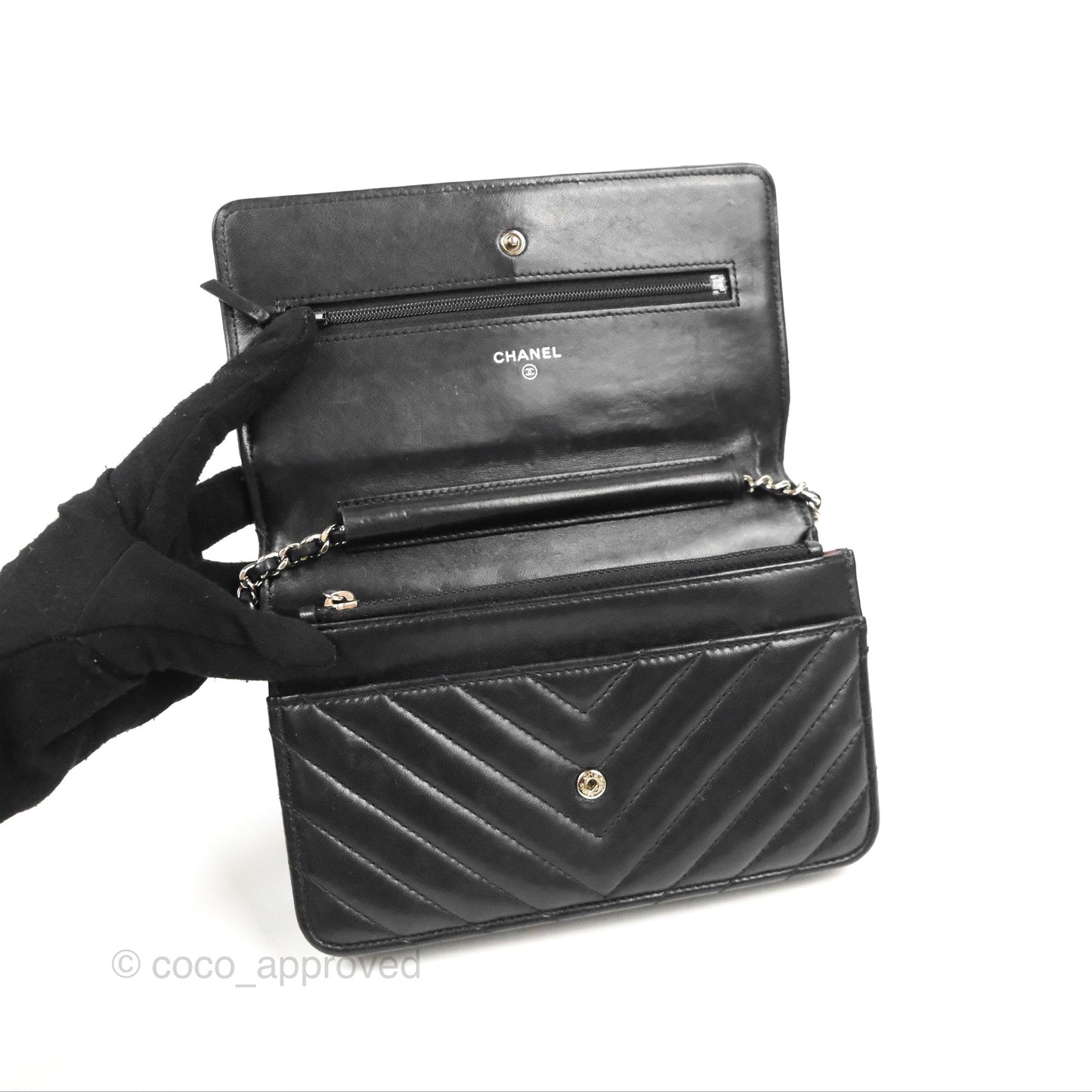 Chanel Classic Chevron Wallet on Chain WOC Black Lambskin Silver Hardware