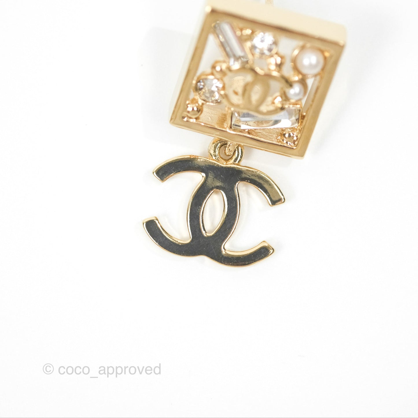 Chanel Square Crystal Pearl CC Drop Earrings Gold Tone 22C