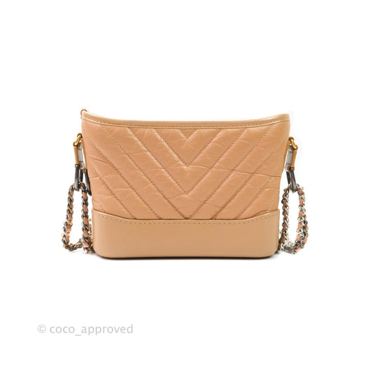 Chanel Calfskin Chevron Small Gabrielle Hobo Beige Mixed Hardware