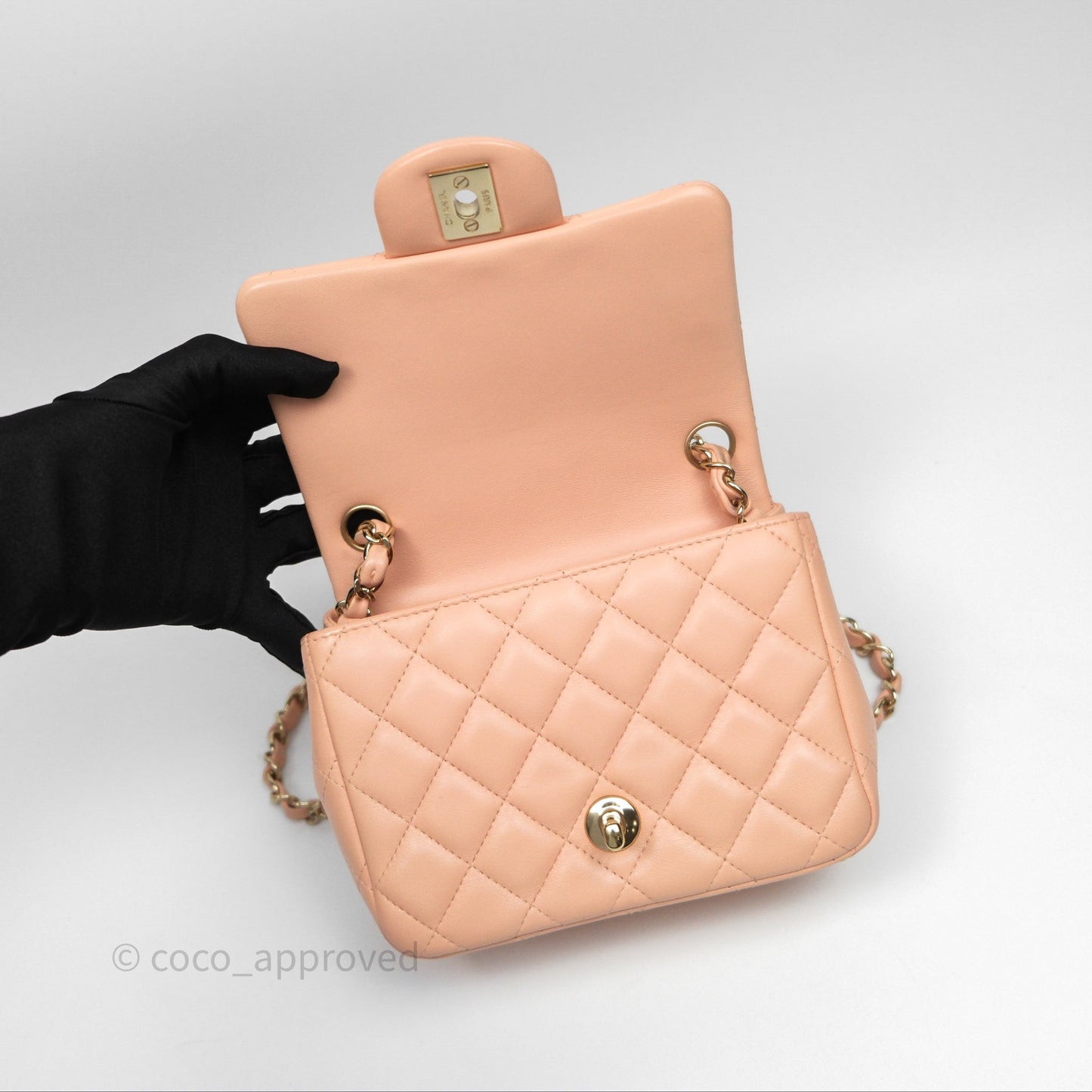 Chanel Mini Square Flap Quilted Beige Pink Lambskin Gold Hardware