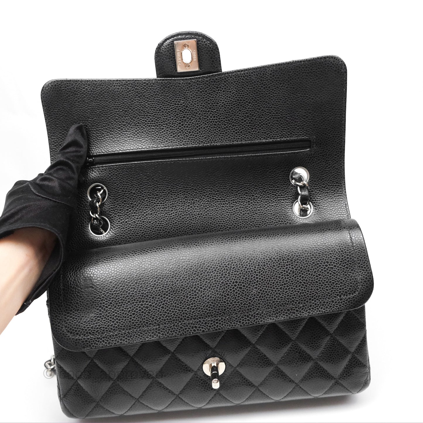 Chanel Classic M/L Medium Flap Quilted Black Caviar Silver Hardware