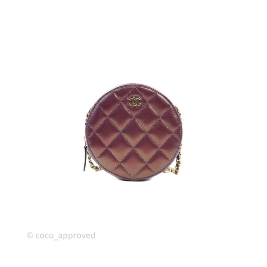 Chanel Classic Quilted Round Clutch With Chain Metallic Purple Lambskin Gold Hardware