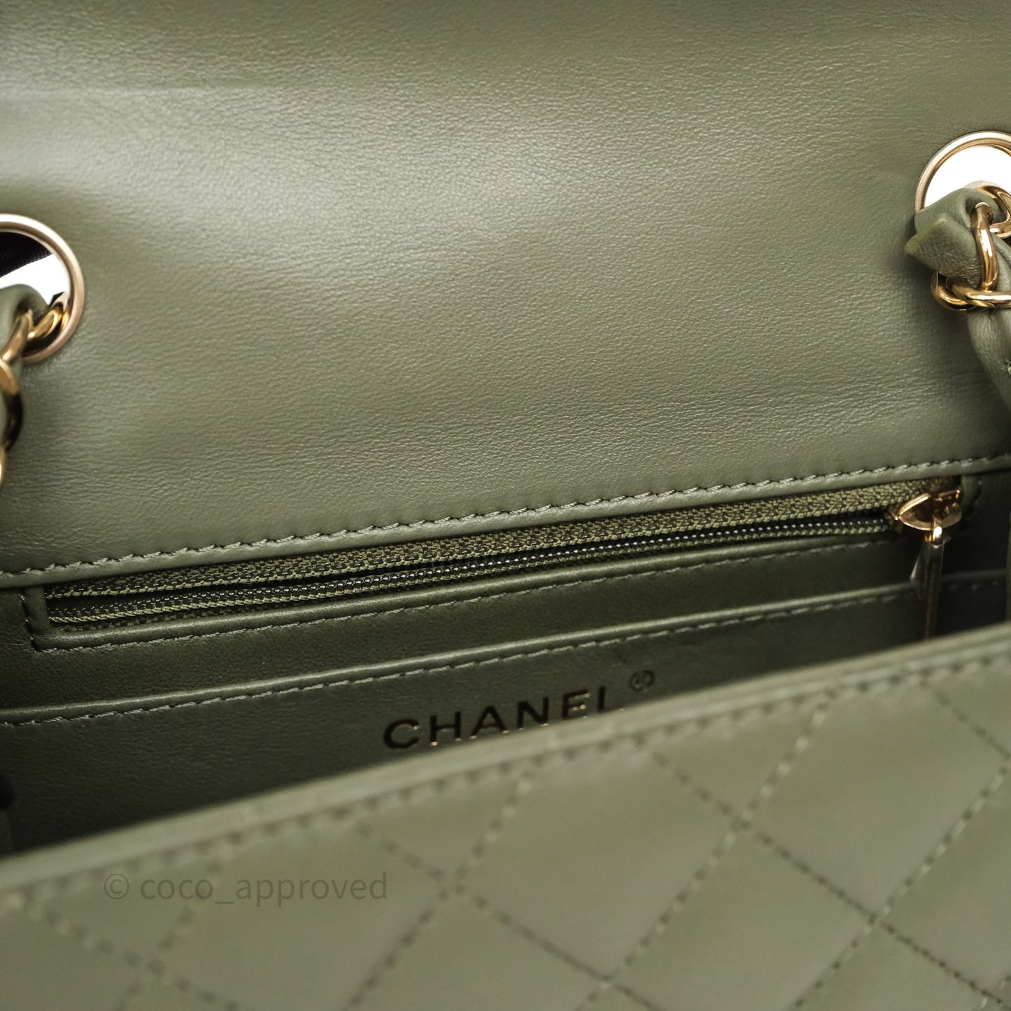Chanel Quilted Mini Square Olive Green Lambskin Gold Hardware