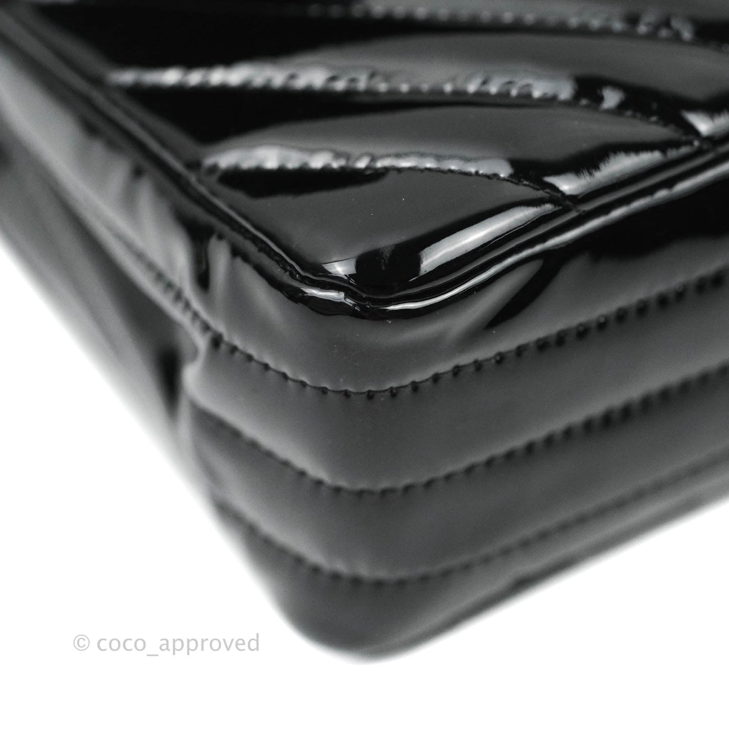 Chanel Classic Chevron M/L Medium Double Flap Black Patent Silver Hardware