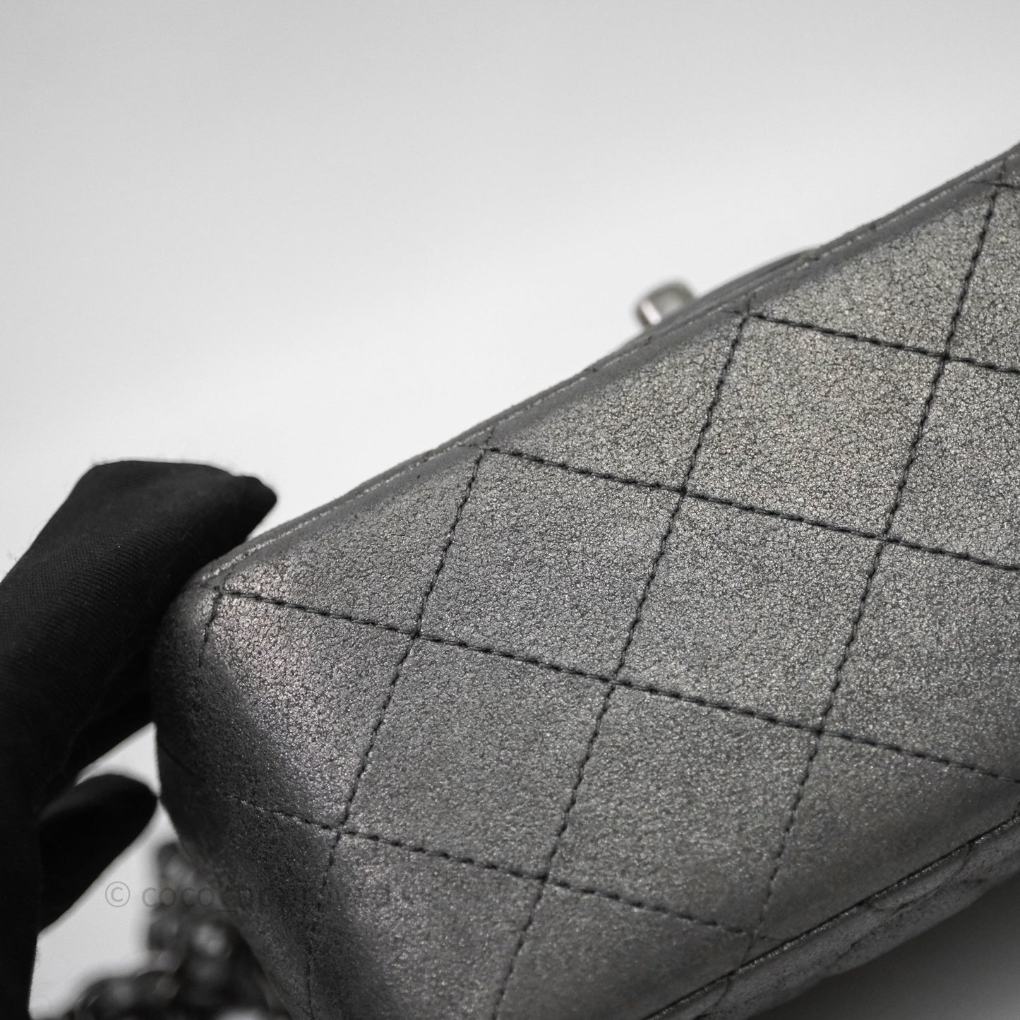 Chanel Mini Square Iridescent Grey Suede Gun Metal Hardware