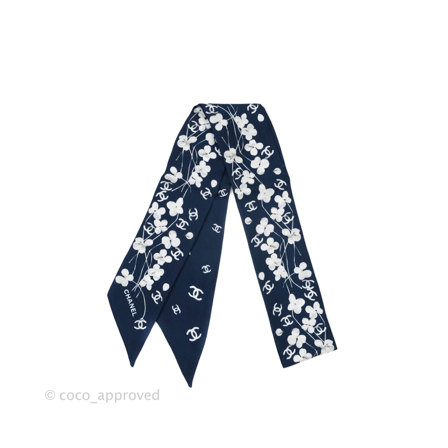 Chanel CC Flora Print Silk Twilly in Navy White