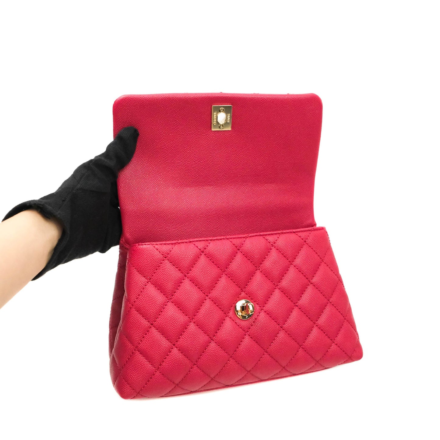Chanel Small Coco Handle Quilted Caviar Rosy Red Gold Hardware