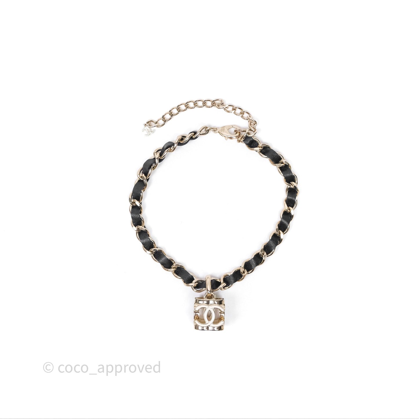 Chanel CC Black Leather Drop Necklace Gold Tone 22K