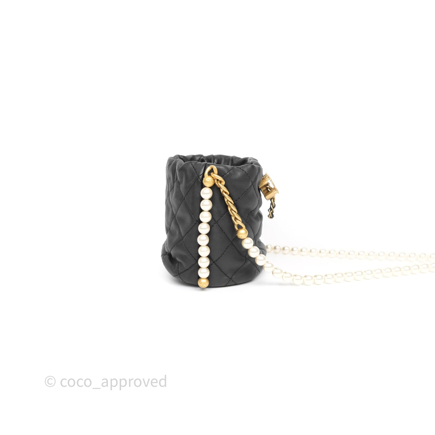 Chanel Quilted Pearl Mini About Pearls Drawstring Bucket Bag Black Calfskin