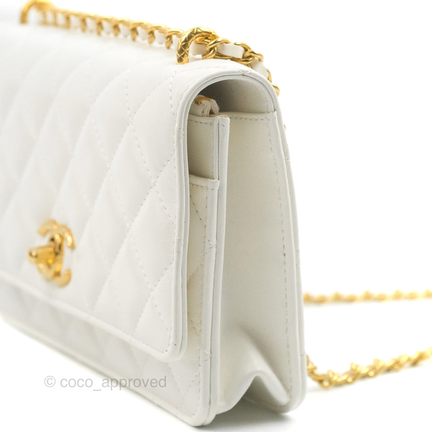 Chanel Quilted Double Chain WOC White Shiny Lambskin Aged Gold Hardware 23C