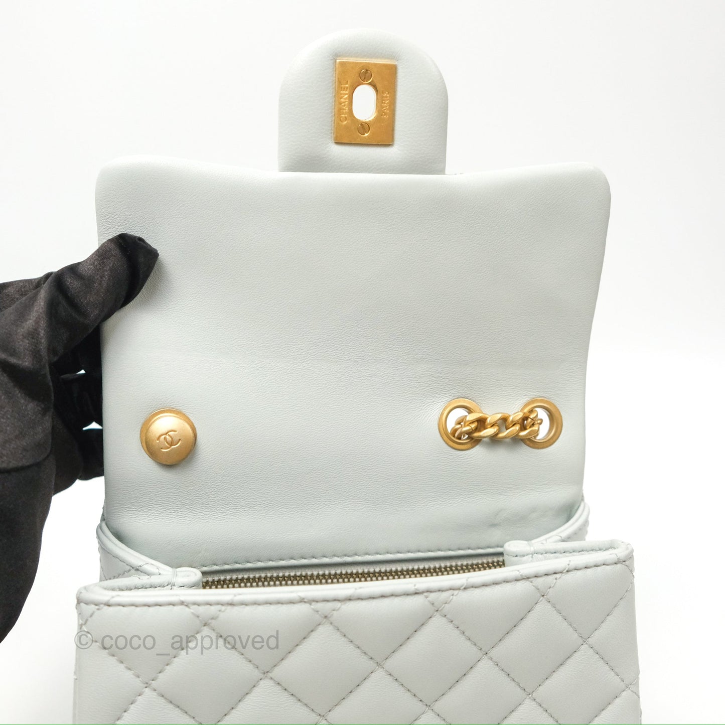 Chanel Quilted Mini Square Flap with Camellia Adjustable Chain Blue Clair Lambskin 23S