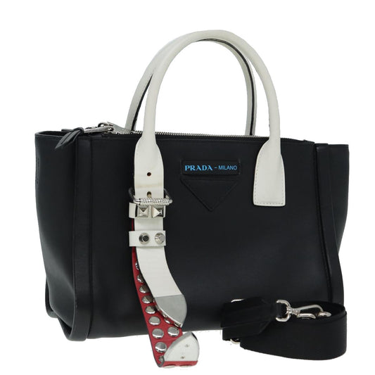 Luxury Prada Hand Bag Leather 2way Black White Silver  88091