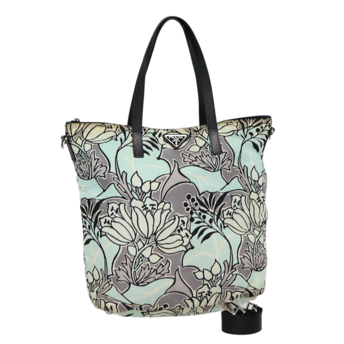Luxury Prada Flower Tote Bag Nylon 2way Light Blue Black Silver  88092