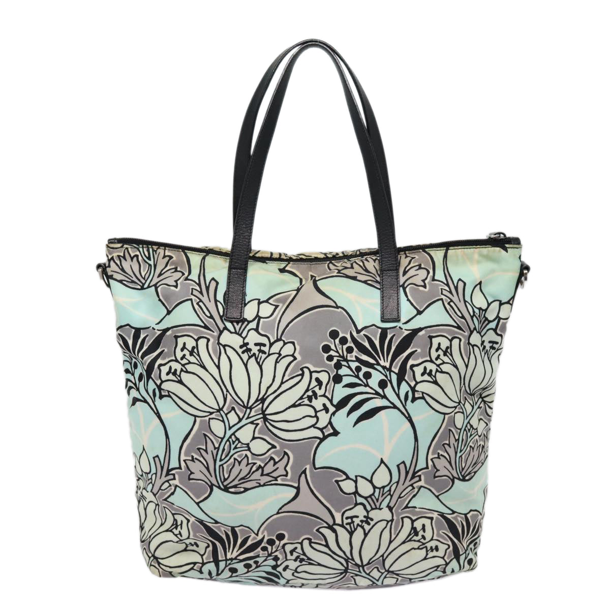 Luxury Prada Flower Tote Bag Nylon 2way Light Blue Black Silver  88092